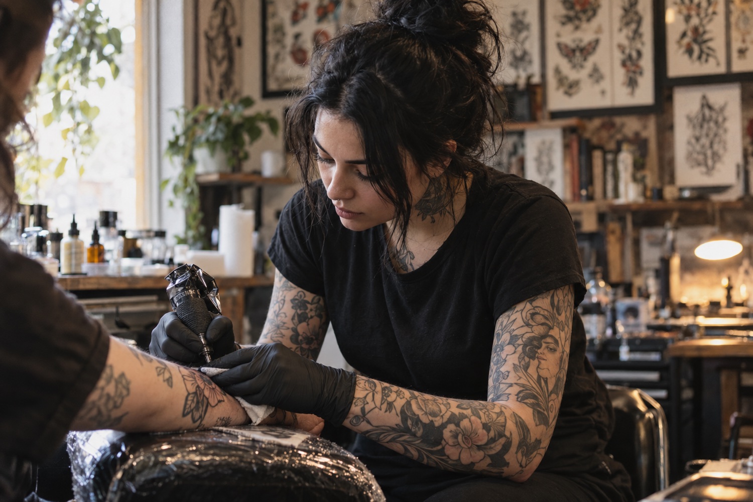 Tattoo artist working on a client’s forearm in an independent studio
