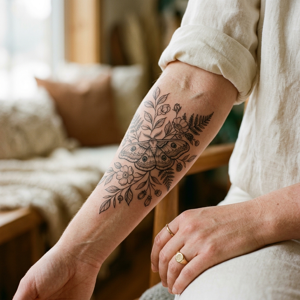 Floral tattoo detail framed as a square study