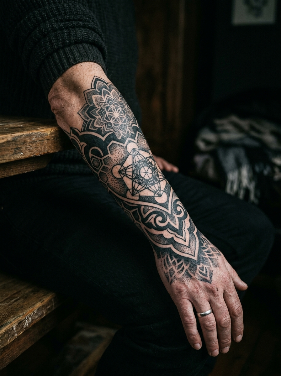 Blackwork tattoo detail photographed in a quiet studio